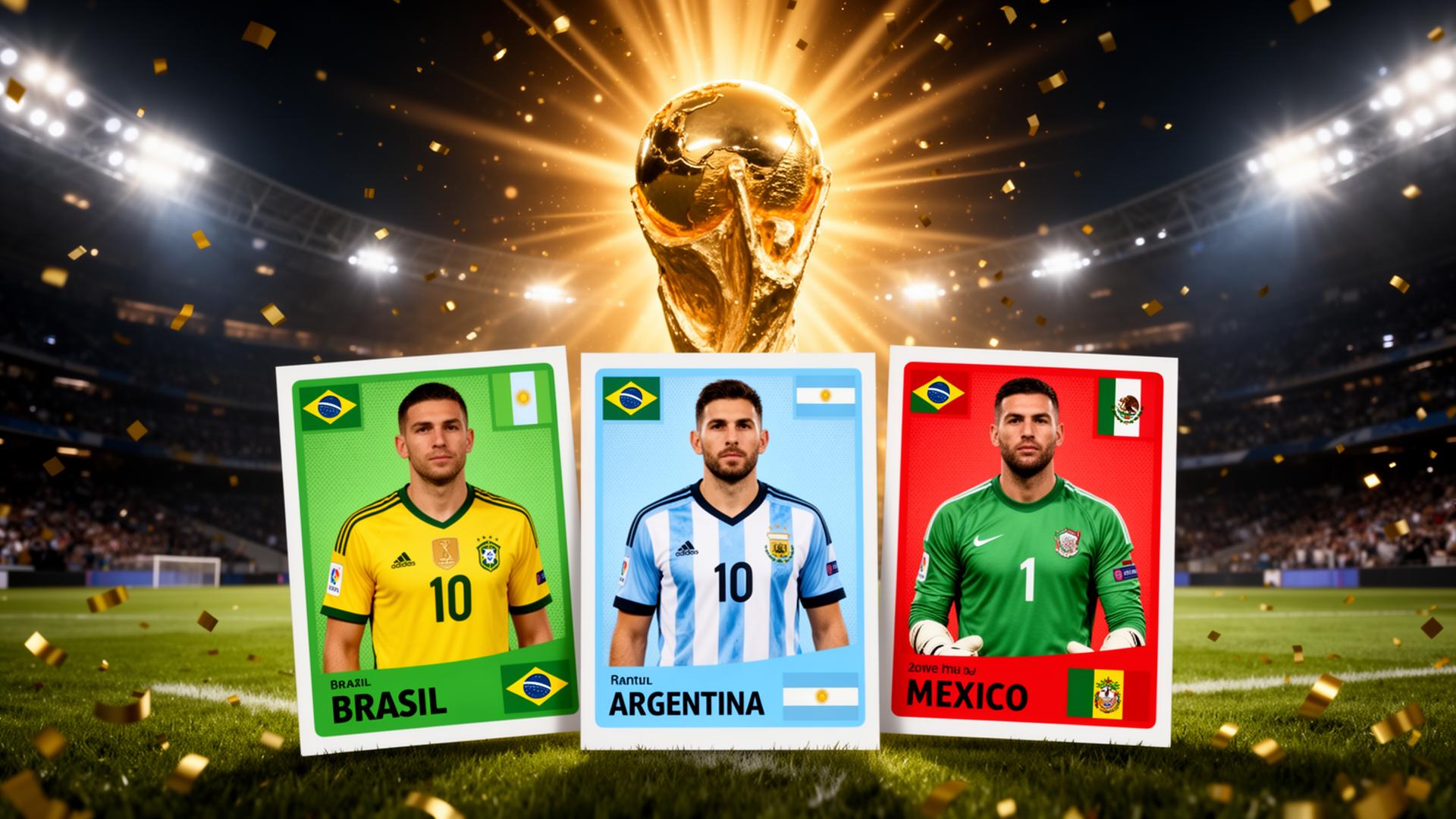 Figurinhas Brasil, Argentina e México diante da taça da Copa